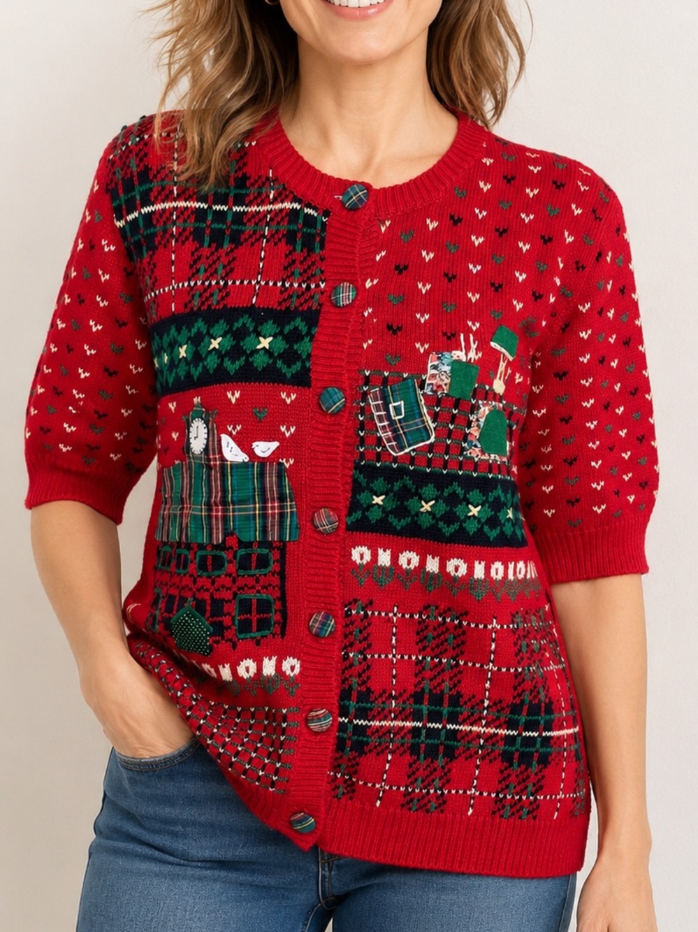 Susan Bristol Women Size M NWT Vintage Christmas Red Plaid Cardigan Sweater Knit